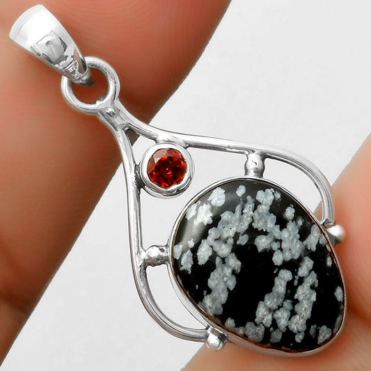 Natural Snow Flake Obsidian & Garnet Pendant P-1575 SDP113491