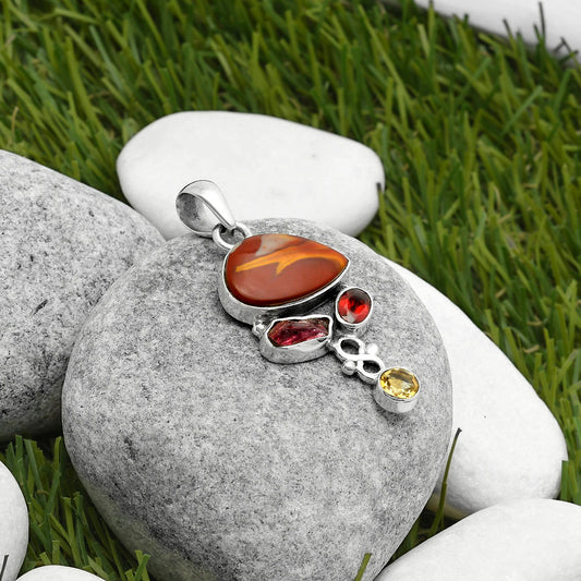 Noreena Jasper, Pink Tourmaline Rough, Garnet & Citrine Silver Pendant P-1602 SDP114720