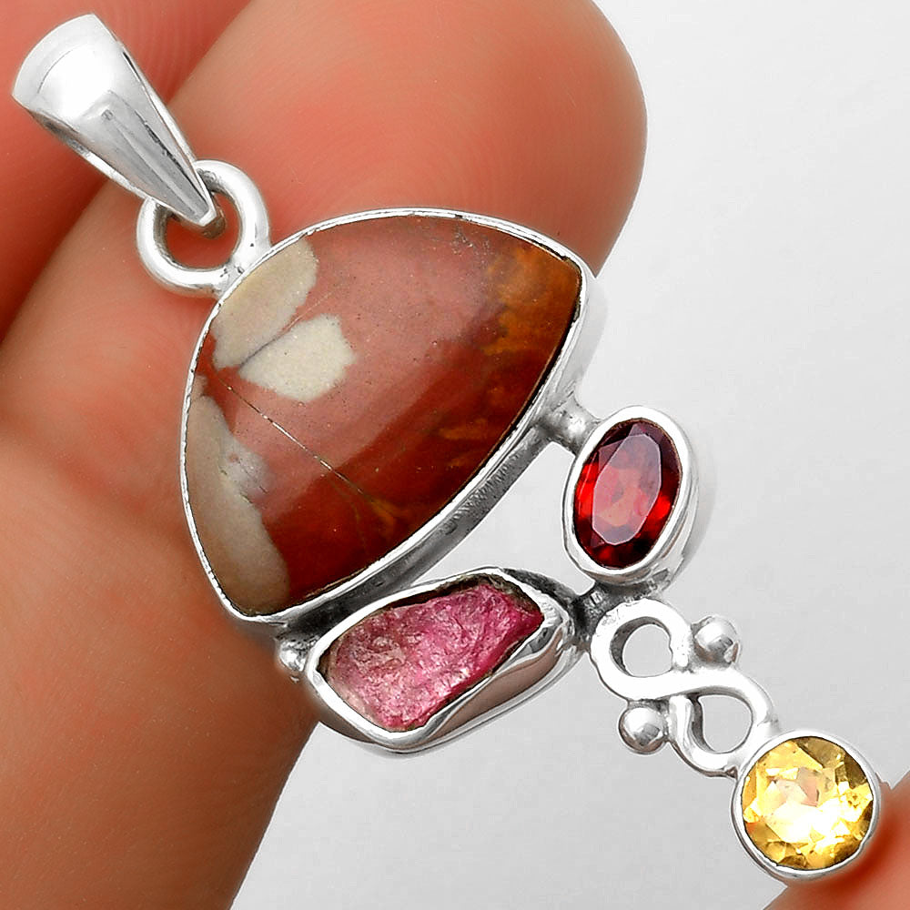Noreena Jasper, Pink Tourmaline Rough, Garnet & Citrine Silver Pendant P-1602 SDP114741