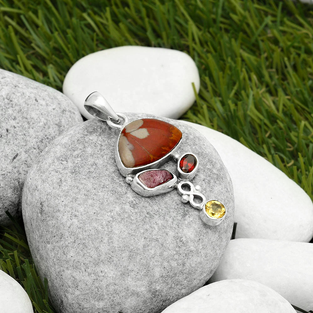 Noreena Jasper, Pink Tourmaline Rough, Garnet & Citrine Silver Pendant P-1602 SDP114741