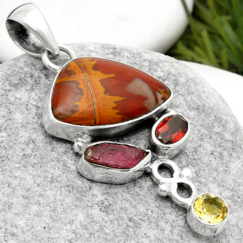 Noreena Jasper, Pink Tourmaline Rough, Garnet & Citrine Silver Pendant P-1602 SDP114742