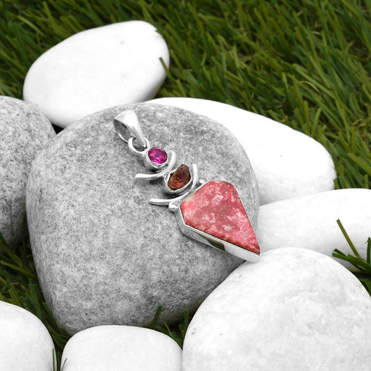 Pink Thulite, Pink Tourmaline Rough & Garnet Pendant P-1593 SDP114782