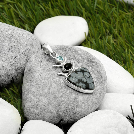 Snow Flake Obsidian, Black Onyx & Sky Blue Topaz Pendant P-1593 SDP114786