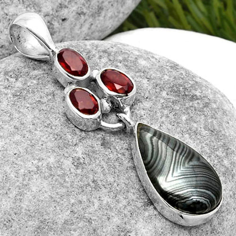 Crown Of Silver Psilomelane - Black Malachite & Garnet Pendant P-1203 SDP114871