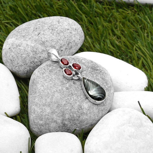 Crown Of Silver Psilomelane - Black Malachite & Garnet Pendant P-1203 SDP114871