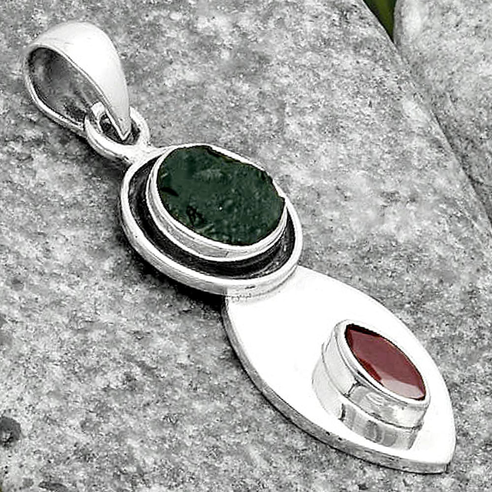 Natural Tektite Rough Greek & Garnet Pendant P-1186 SDP115838