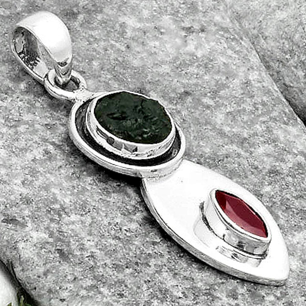 Natural Tektite Rough Greek & Garnet Pendant P-1186 SDP115848
