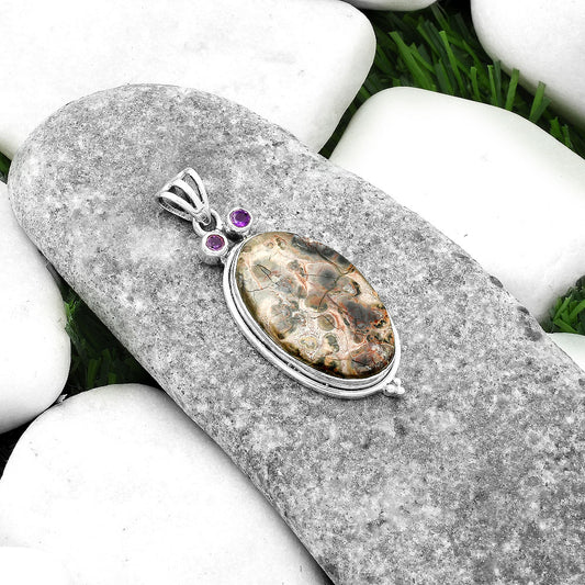 Owl - Leopard Skin Jasper & Amethyst Pendant P-1083 SDP116595