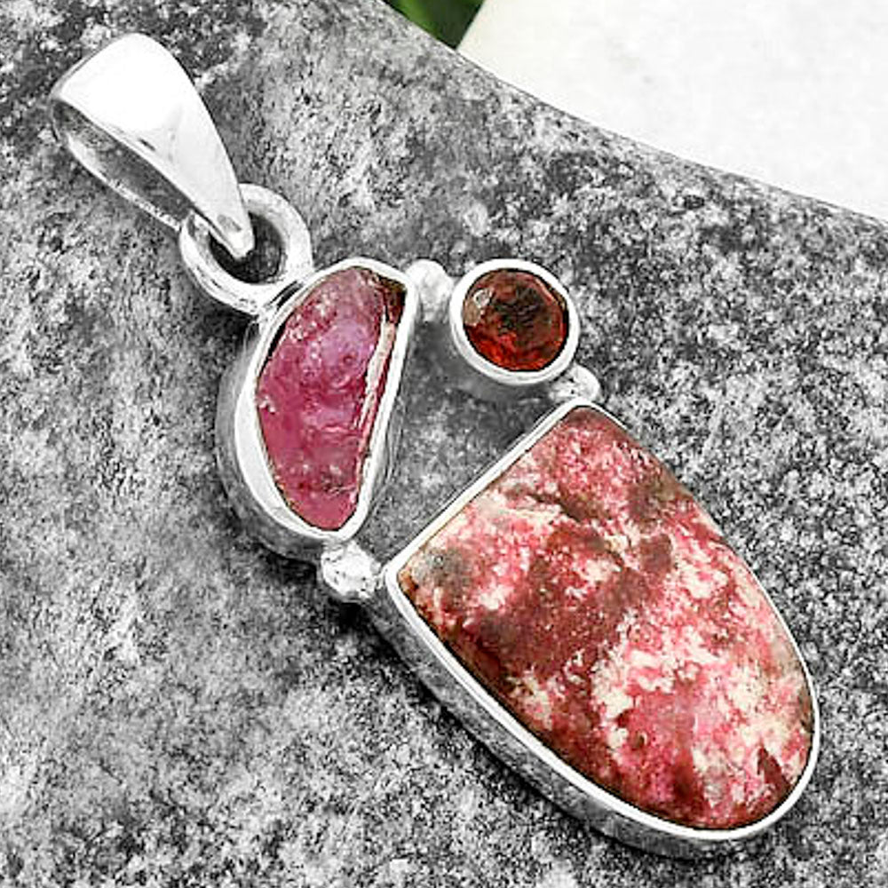 Pink Thulite, Pink Tourmaline Rough & Garnet Pendant P-1203 SDP118094
