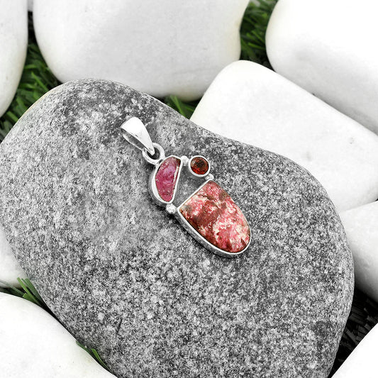 Pink Thulite, Pink Tourmaline Rough & Garnet Pendant P-1203 SDP118094