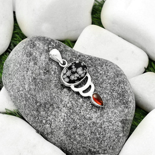 Natural Snow Flake Obsidian & Garnet Pendant P-1693 SDP118137