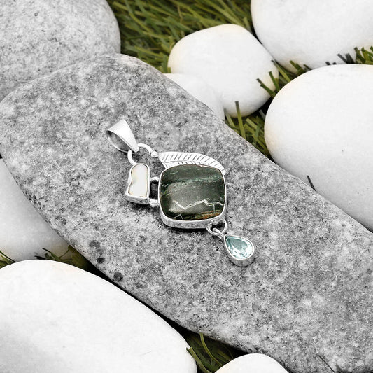 Larsonite Jasper, Pearl & Sky Blue Topaz Pendant P-1414 SDP118750