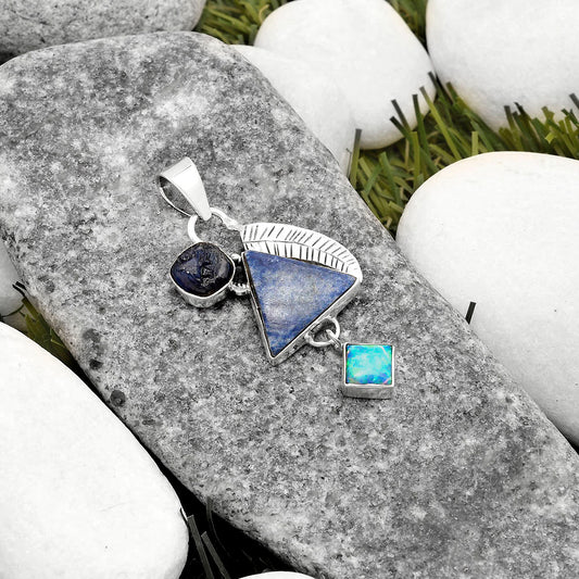Dumortierite Quartz, Blue Sapphire Rough & Fire Opal Pendant P-1414 SDP118753