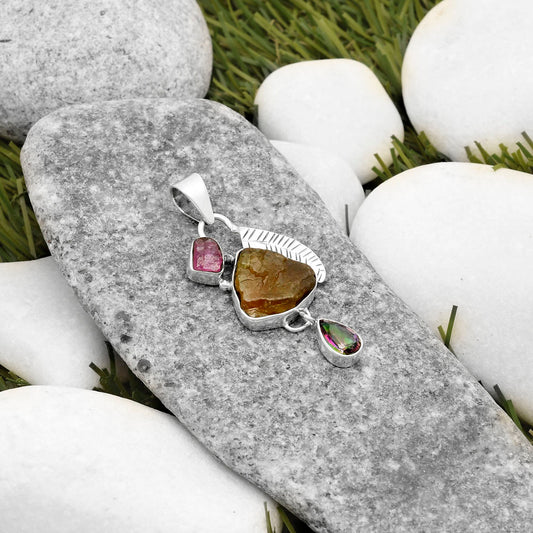 Rare Kornerupine Rough, Tourmaline Rough & Mystic Topaz Silver Pendant P-1414 SDP118761