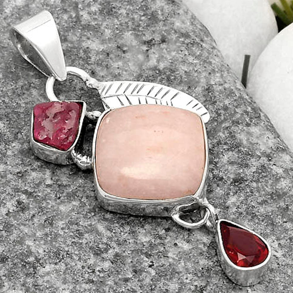 Pink Scolecite, Pink Tourmaline Rough & Garnet Pendant P-1414 SDP118775