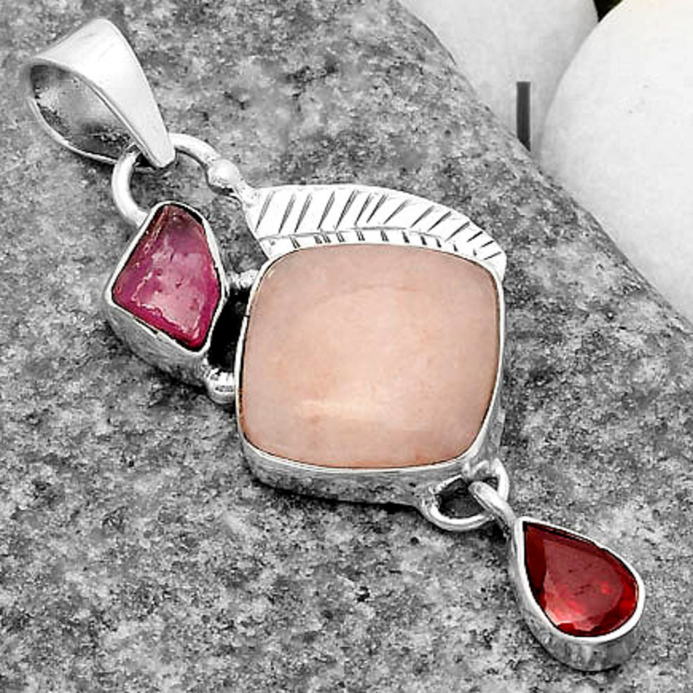 Pink Scolecite, Pink Tourmaline Rough & Garnet Pendant P-1414 SDP118777