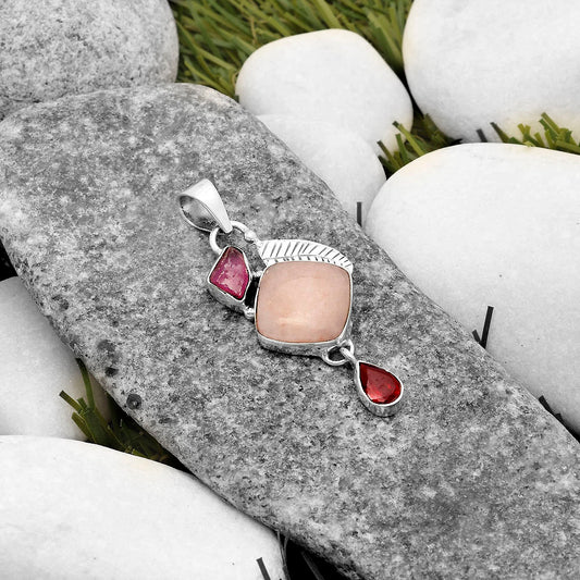 Pink Scolecite, Pink Tourmaline Rough & Garnet Pendant P-1414 SDP118777
