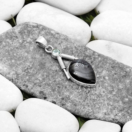 Crown Of Silver Psilomelane Black Malachite & Sky Topaz Silver Pendant P-1600 SDP119572