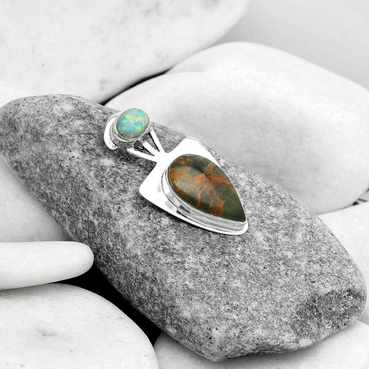 Turkish Rainforest Chrysocolla & Fire Opal Pendant P-1662 SDP121074