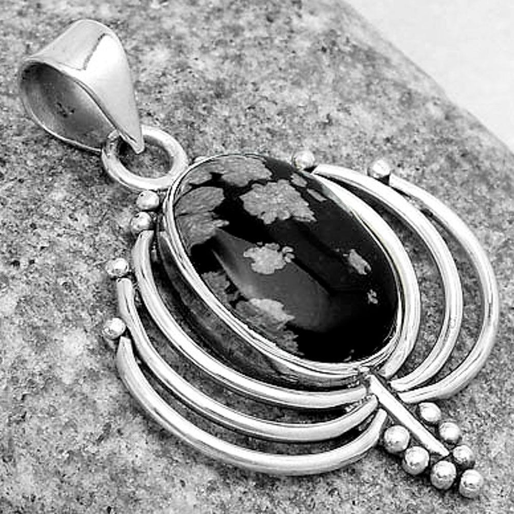 Lotus - Natural Snow Flake Obsidian Pendant P-1702 SDP122372