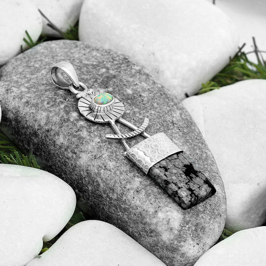 Natural Snow Flake Obsidian & Fire Opal Pendant P-1193 SDP123155