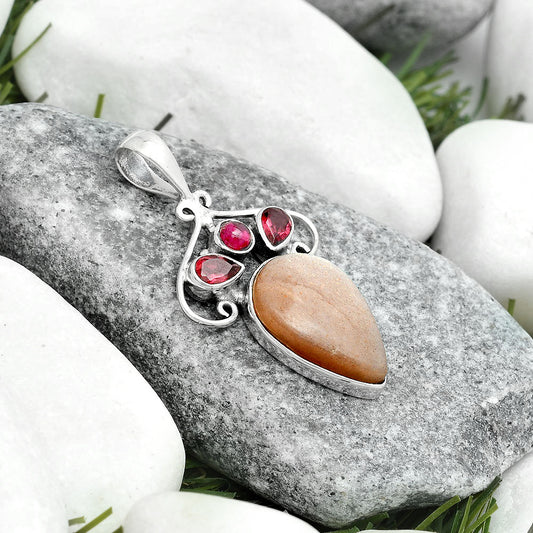 Natural Sunstone - Namibia & Garnet Pendant P-1244 SDP123692