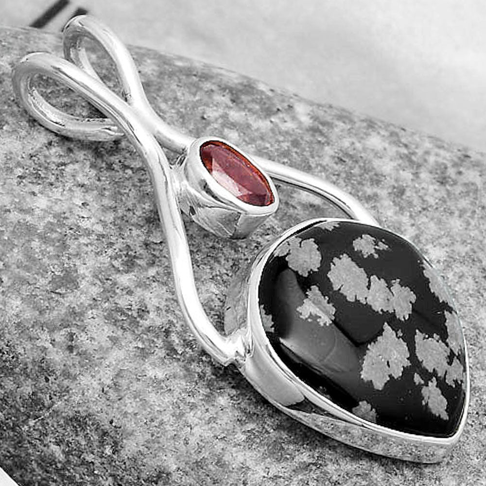 Natural Snow Flake Obsidian & Garnet Pendant P-1038 SDP123951