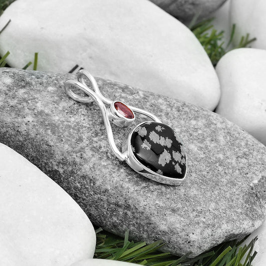 Natural Snow Flake Obsidian & Garnet Pendant P-1038 SDP123951