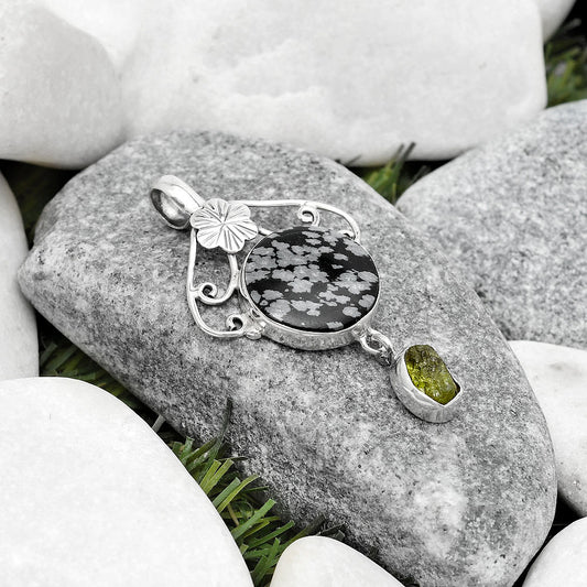 Snow Flake Obsidian & Peridot Rough Pendant P-1455 SDP125503