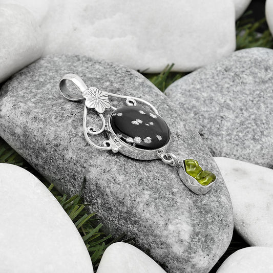 Snow Flake Obsidian & Peridot Rough Pendant P-1455 SDP125508