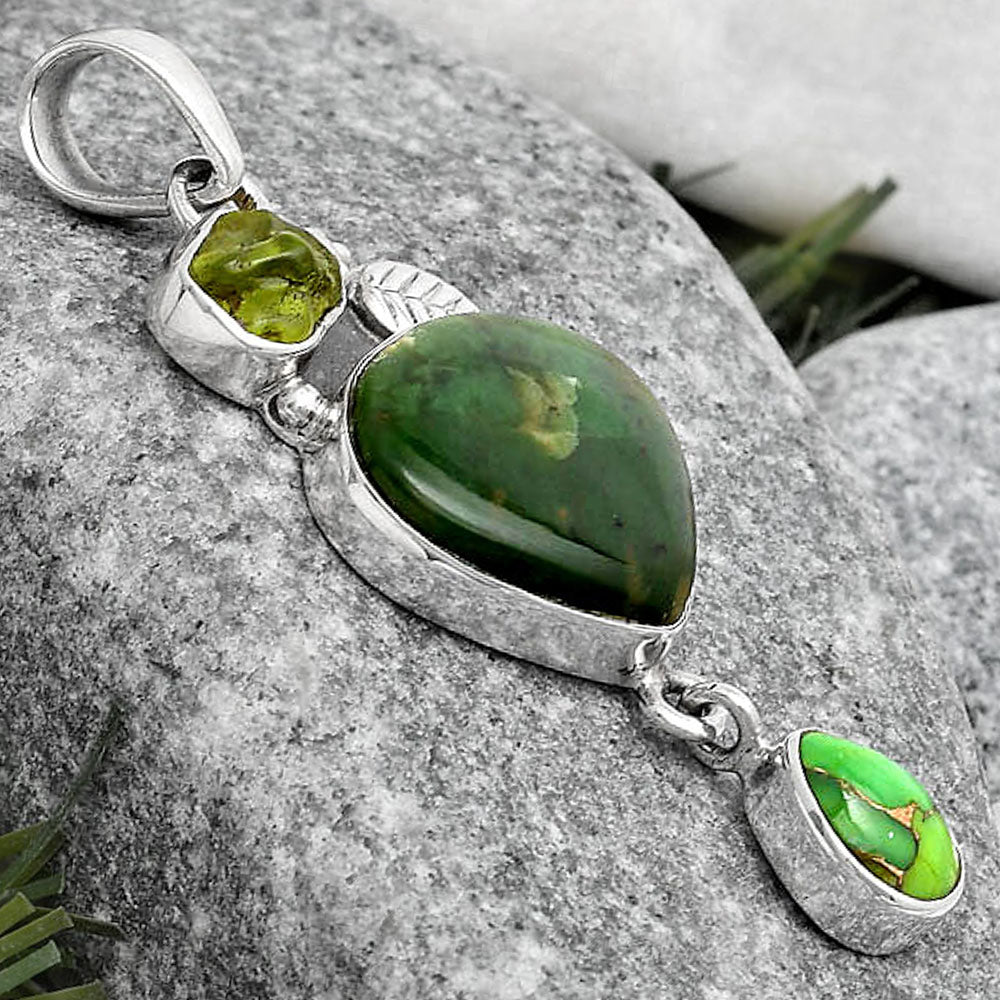 Larsonite Jasper, Peridot Rough & Copper Green Turquoise Silver Pendant P-1414 SDP125550