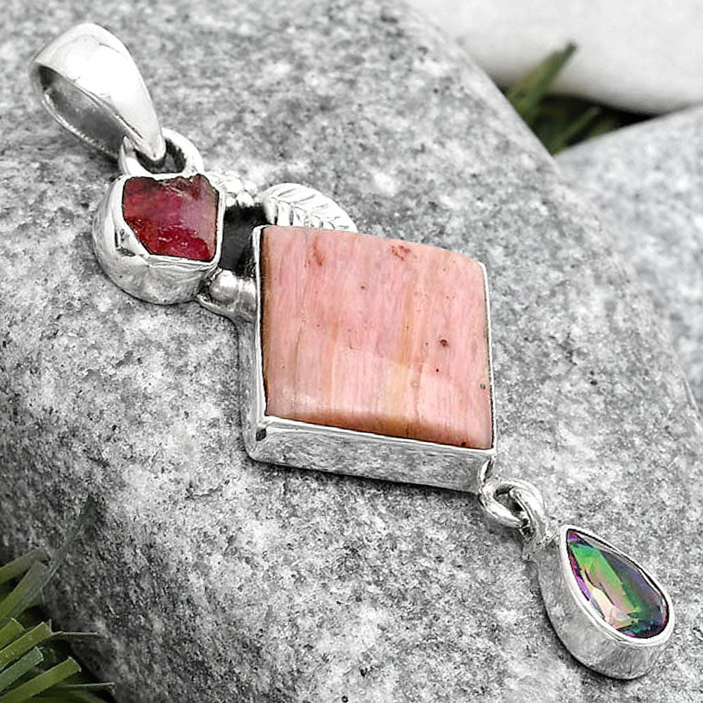 Pink Tulip Quartz, Pink Tourmaline Rough & Mystic Topaz Silver Pendant P-1414 SDP125553