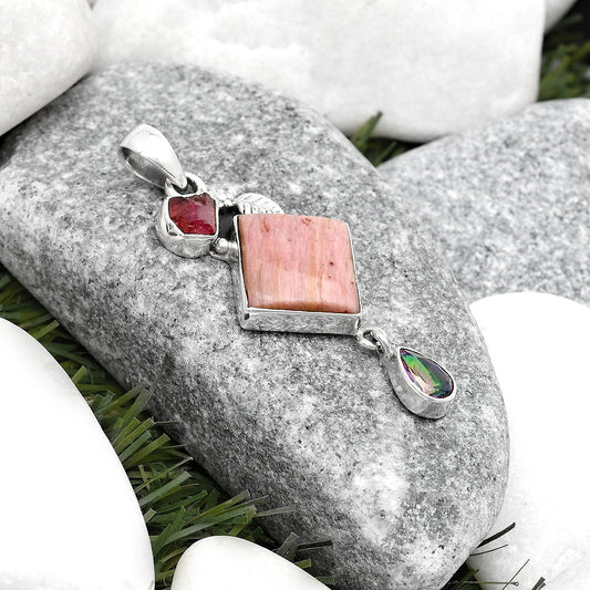 Pink Tulip Quartz, Pink Tourmaline Rough & Mystic Topaz Silver Pendant P-1414 SDP125553