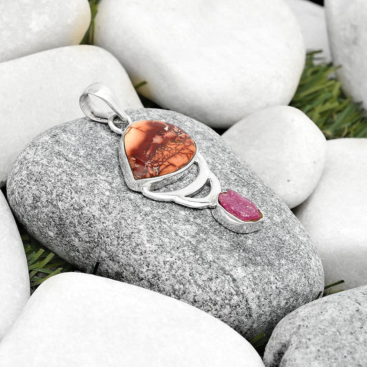 Indian Paint Gemstone & Pink Tourmaline Rough Pendant P-1693 SDP125961