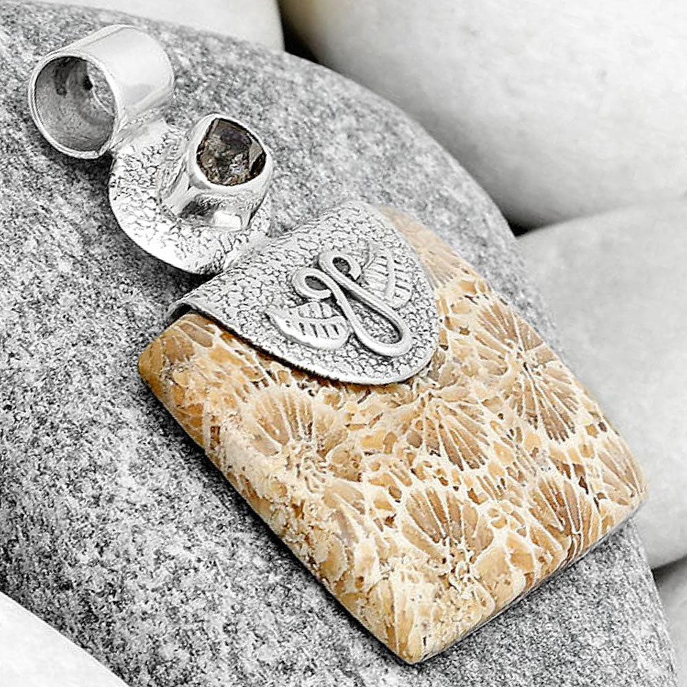 Flower Fossil Coral & Herkimer Diamond Pendant P-1545 SDP126063