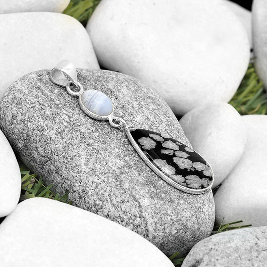 Snow Flake Obsidian & Blue Lace Agate Pendant P-1098 SDP126331