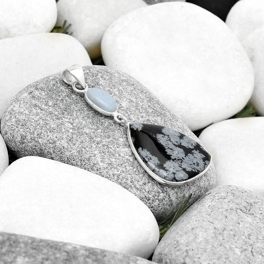 Natural Snow Flake Obsidian & Angelite Pendant P-1098 SDP126395