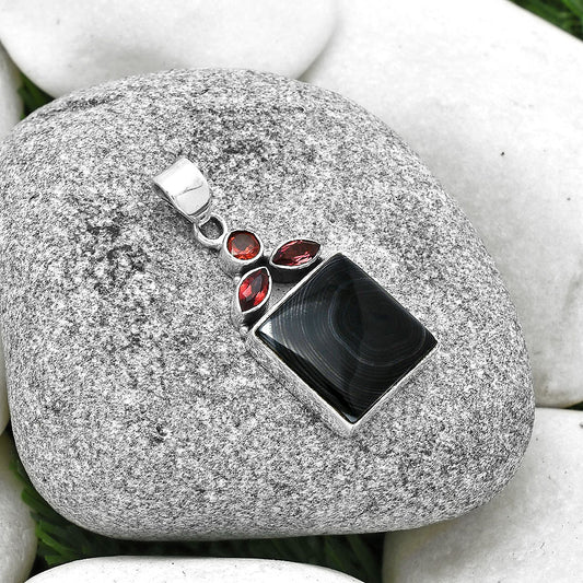 Crown Of Silver Psilomelane - Black Malachite & Garnet Pendant P-1203 SDP127757