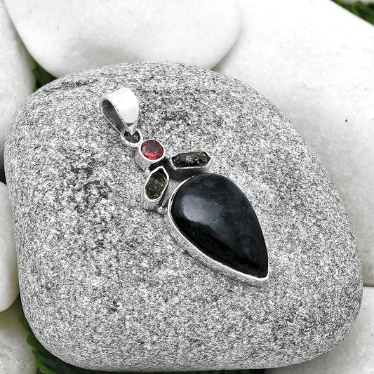 Indigo Gabbro, Herkimer Diamond & Garnet Pendant P-1203 SDP127758