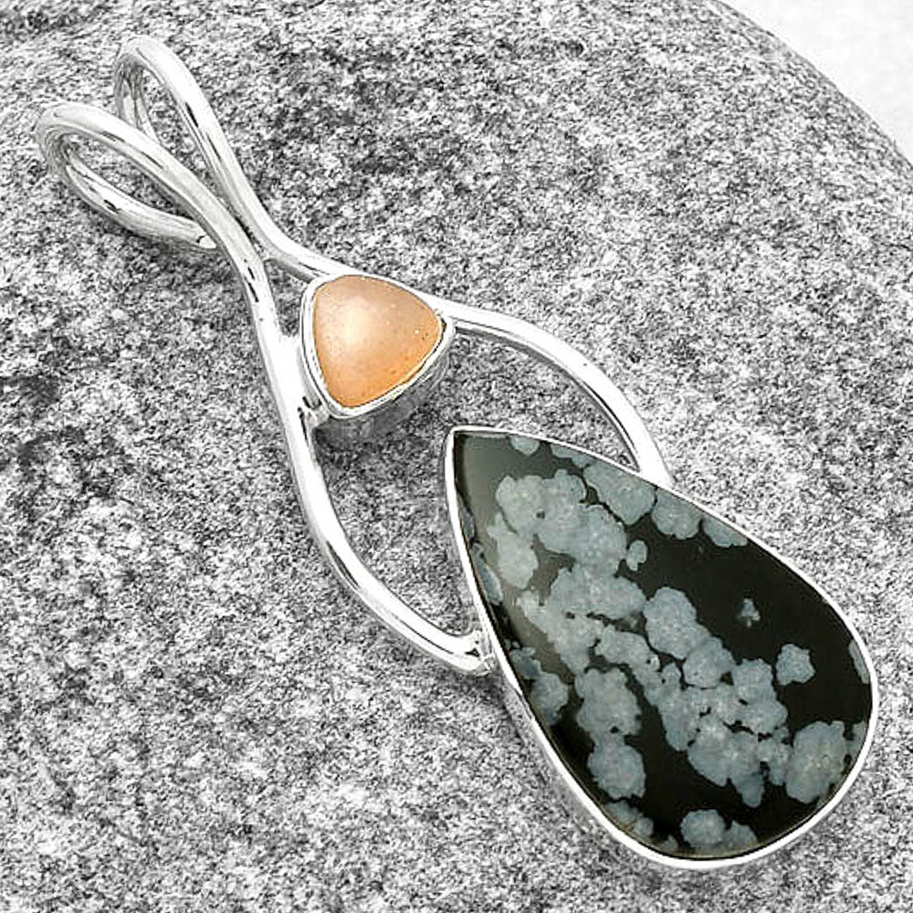 Snow Flake Obsidian & Peach Moonstone Pendant P-1038 SDP128198