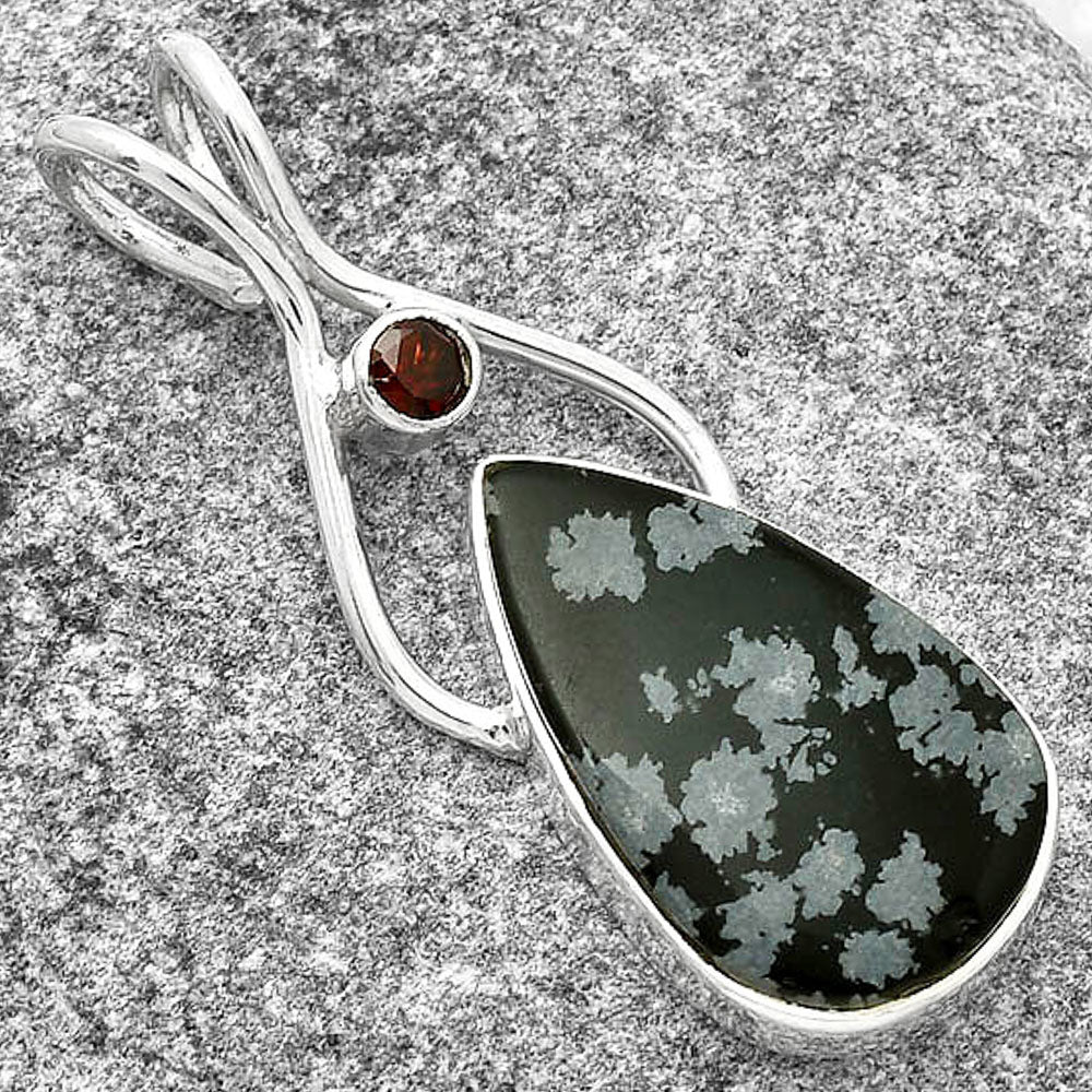 Natural Snow Flake Obsidian & Garnet Pendant P-1038 SDP128220