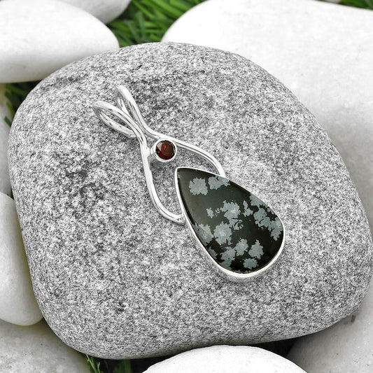 Natural Snow Flake Obsidian & Garnet Pendant P-1038 SDP128220