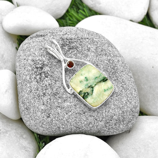 Tree Weed Moss Agate - India & Garnet Pendant P-1038 SDP128235