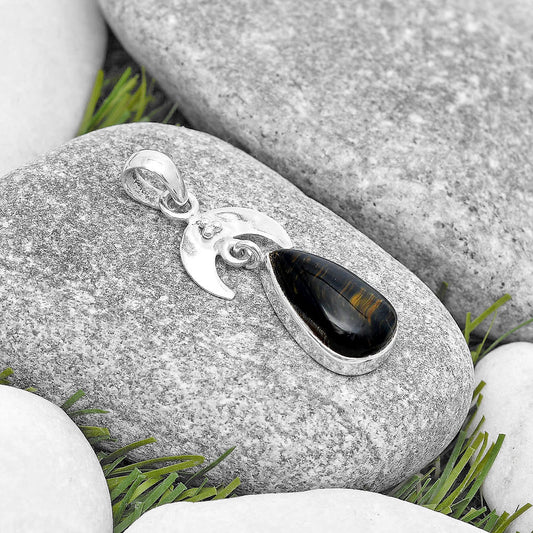 Crescent Moon Natural Blue Tiger Eye Pendant P-1133 SDP129427