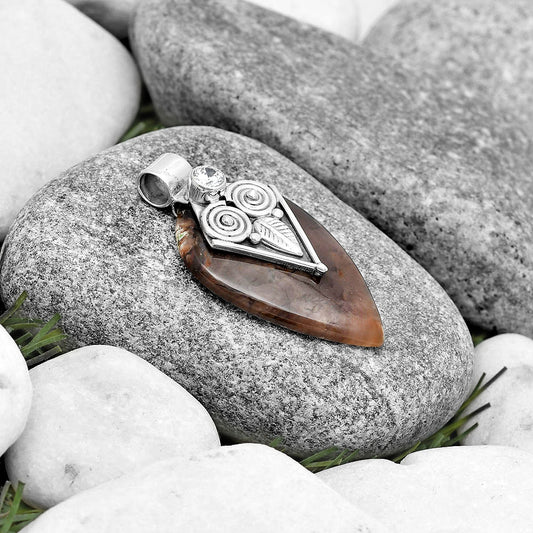 Owl - Red Palm Root Agate & Zircon Pendant P-1649 SDP130405