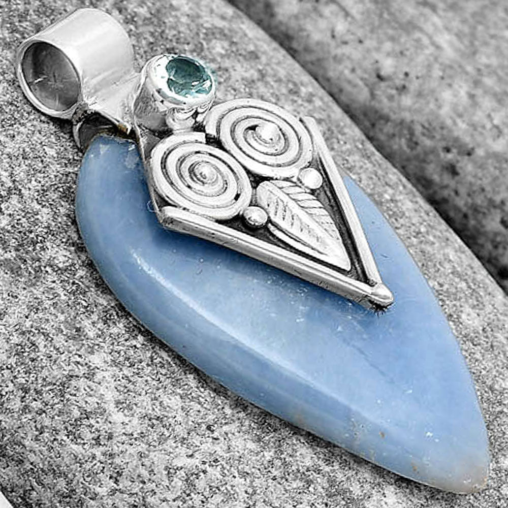 Owl Natural Angelite & Sky Blue Topaz Pendant P-1649 SDP130408