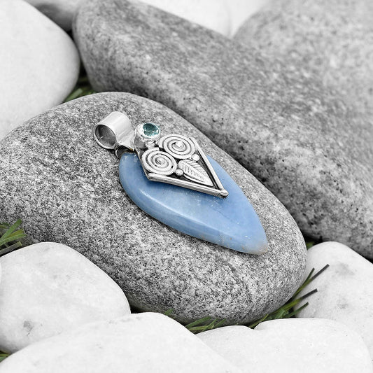 Owl Natural Angelite & Sky Blue Topaz Pendant P-1649 SDP130408