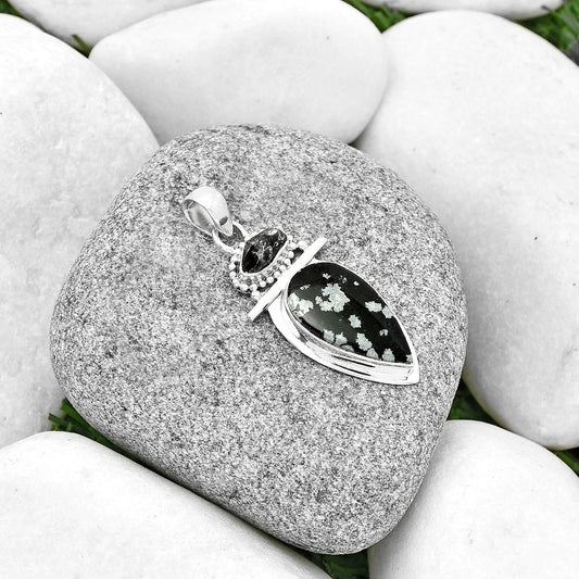 Snow Flake Obsidian & Herkimer Diamond Pendant P-1289 SDP130907