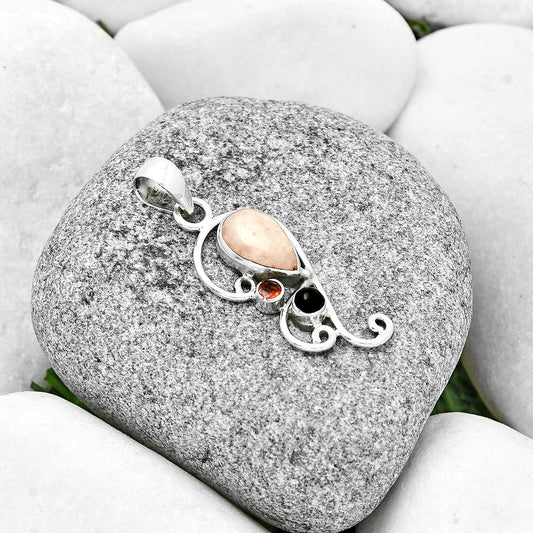 Pink Scolecite, Black Onyx & Garnet Pendant P-1039 SDP130925