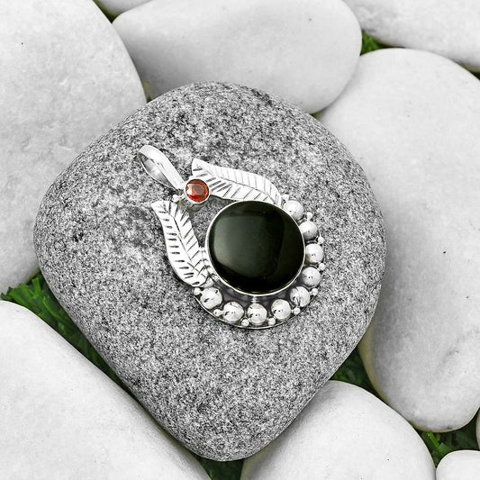 Natural Black Lace Obsidian & Garnet Pendant P-1374 SDP131359